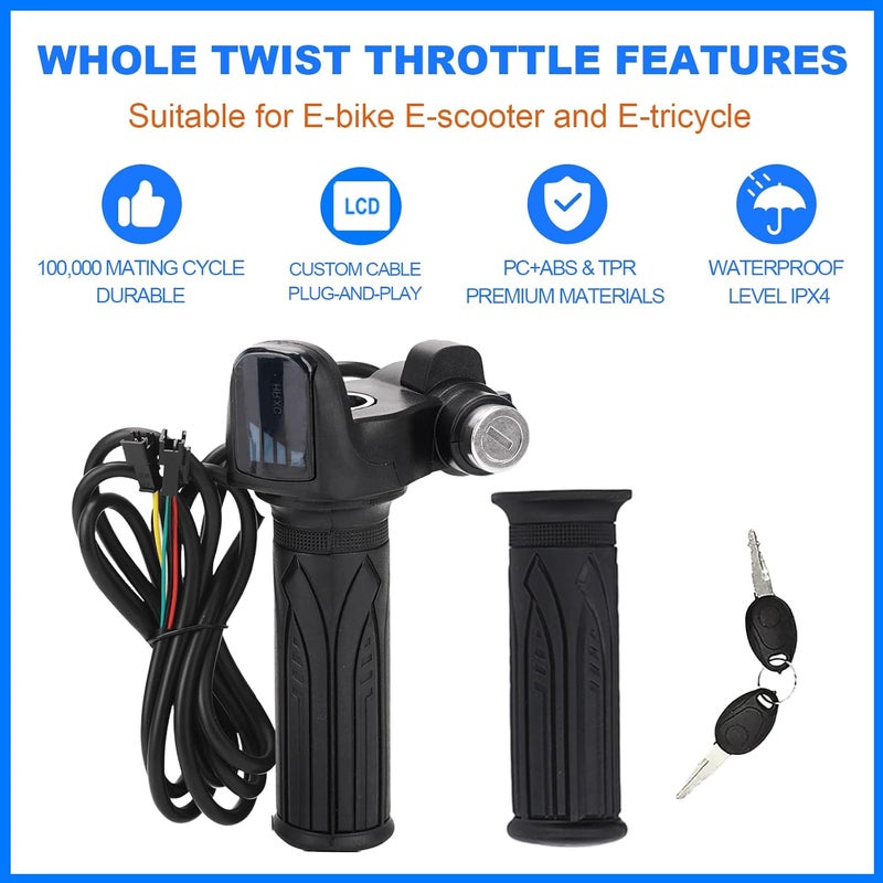 Hizoncore Compatible Fit for Ridstar Q20 Full Twist Throttle 48V, LCD Display with Key Lock, Plug and Play Easy Installation, Universal Electric Bike Throttle Grip for EBike Scooter Motorcycle (with Tie) - Image 3